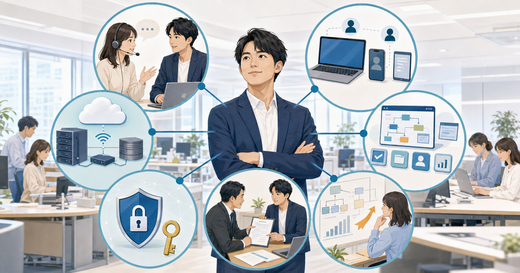 社内SEが問い合わせ対応、IT基盤、端末管理、セキュリティ、業務システム、ベンダー管理、IT企画を担当する様子